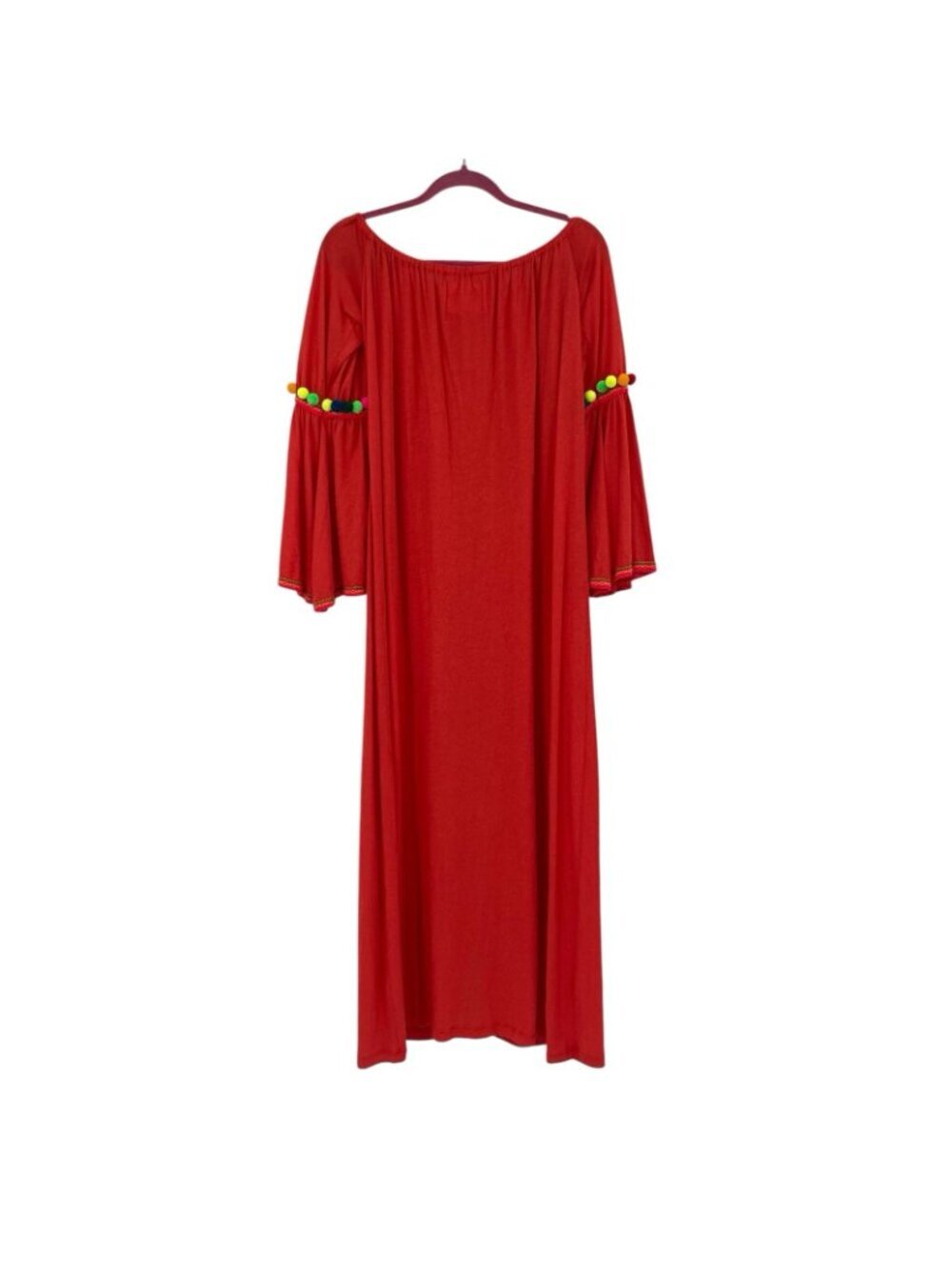 PITUSA Off The Shoulder Gypsy Maxi Dress In Orange One Size Pom Poms Boho Knit - Picture 3 of 16